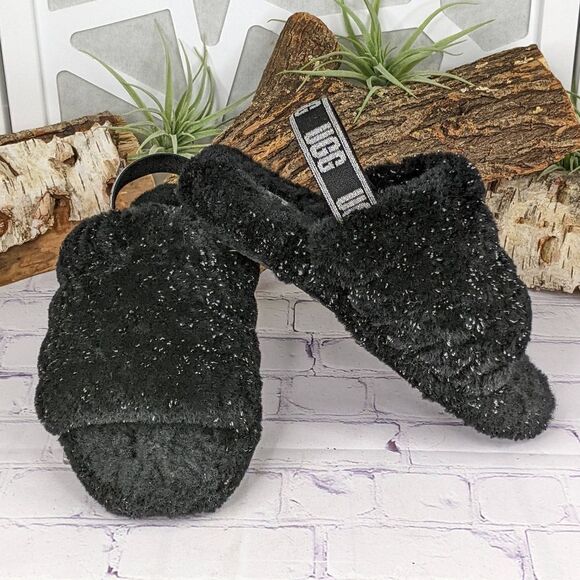 UGG Fluff Yeah Metallic Sparkle Slippers Slides - Picture 1 of 11